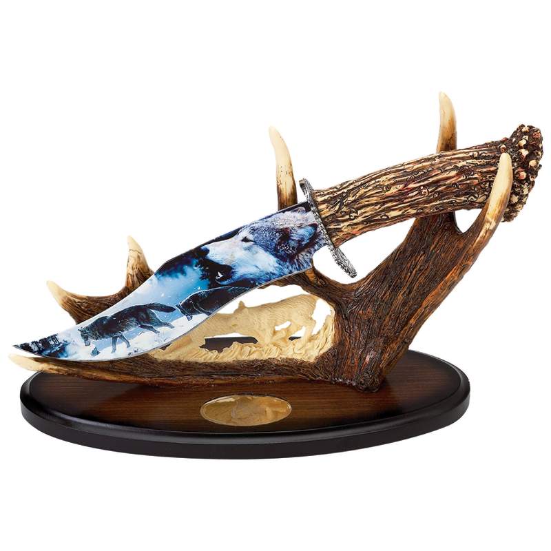 Painted Wolf Artwork Faux Antler Handled Fixed Blade Knife